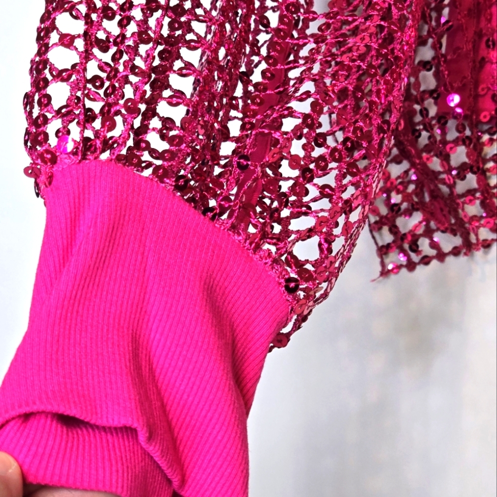 Pilcro Anthropologie Raspberry Pink Mesh Sequin Party Blouse Size Medium - Picture 6 of 13